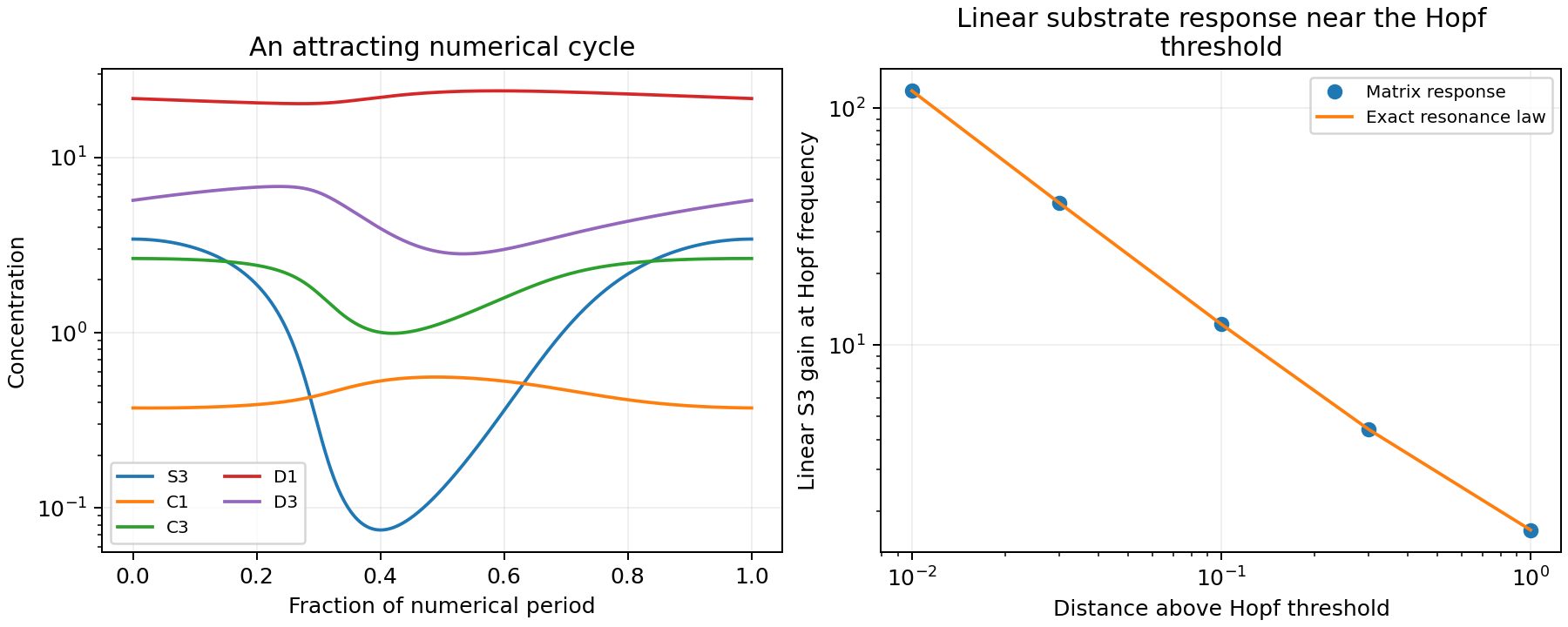 Species concentrations vary over a computed periodic cycle, and linear response grows near the Hopf threshold according to the exact resonance law.