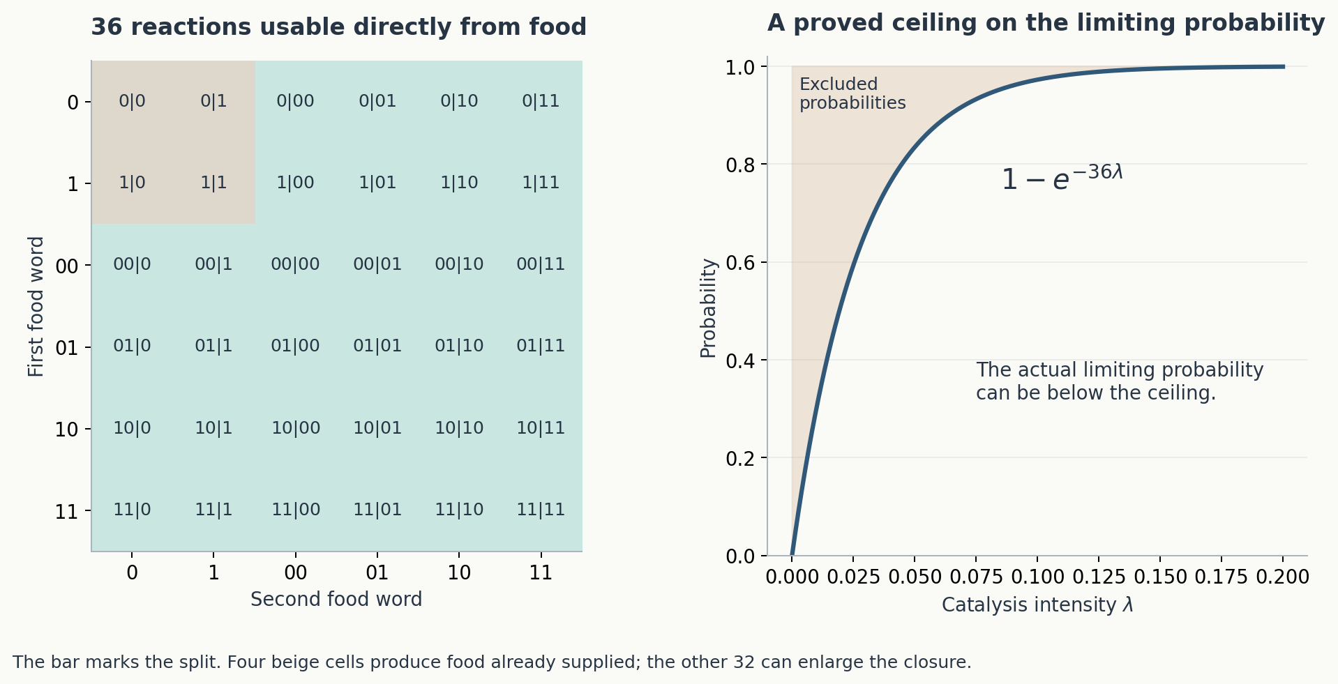 The 36 food reaction identities and the proved upper bound on limiting RAF probability.
