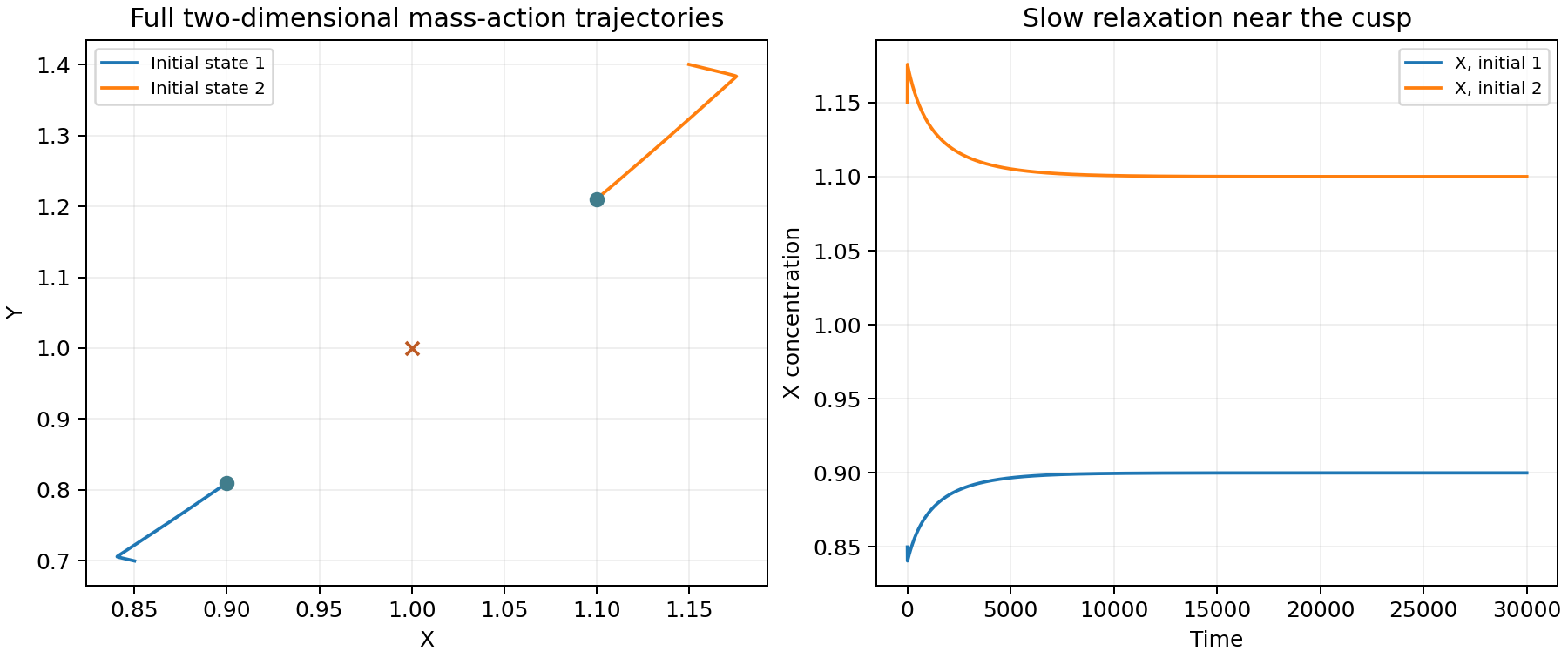 Two trajectories in the full X-Y plane approach opposite stable equilibria while a saddle lies between them. The time traces show slow relaxation near the cusp.